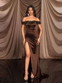 Glamrae Vestido Sereia Elegante de Marrom com Ombro à Mostra, Retalhos de Paetês, Corpete de Babados na Cintura Alta, Franzido Lateral, Ajustado, Fenda Lateral, Longo até o Chão - Perfeito para Encontros, Férias Individuais, Festas, Formatura, Casamentos, Ocasiões Especiais, Jantares e Bailes Formais, Formatura, Festa de Casamento, Vestido de Convidado - Marrom - Visão 5