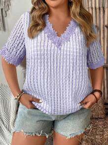 SHEIN LUNE Einfaches, Tägliches Kurzarm Shirt Mit V-ausschnitt Für Damen In Große Größen - Violett - Übersicht 1