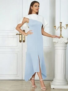 Elegant Simple Blue And White Patchwork Asymmetrical Waist Tuxedo Dress Women - Baby Blue - View 6