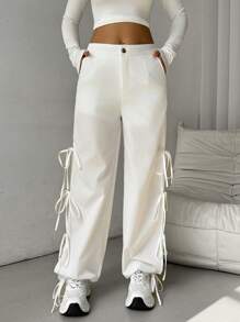 Chiquease Women's Casual Solid Color Hollow Out Drawstring Joggers Fall Cloth For Women - White - View 3