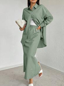 Mulvari Drop Shoulder Long Sleeve Shirt & Skirt 2 Pieces Set