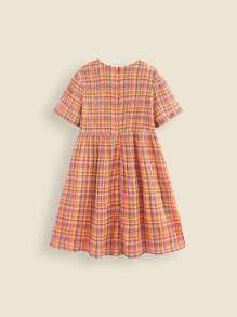 SHEIN Tween Girls Pink Plaid Blend Sweet Crew Neck Short Sleeve Casual Holiday Dress - Multicolor - View 4