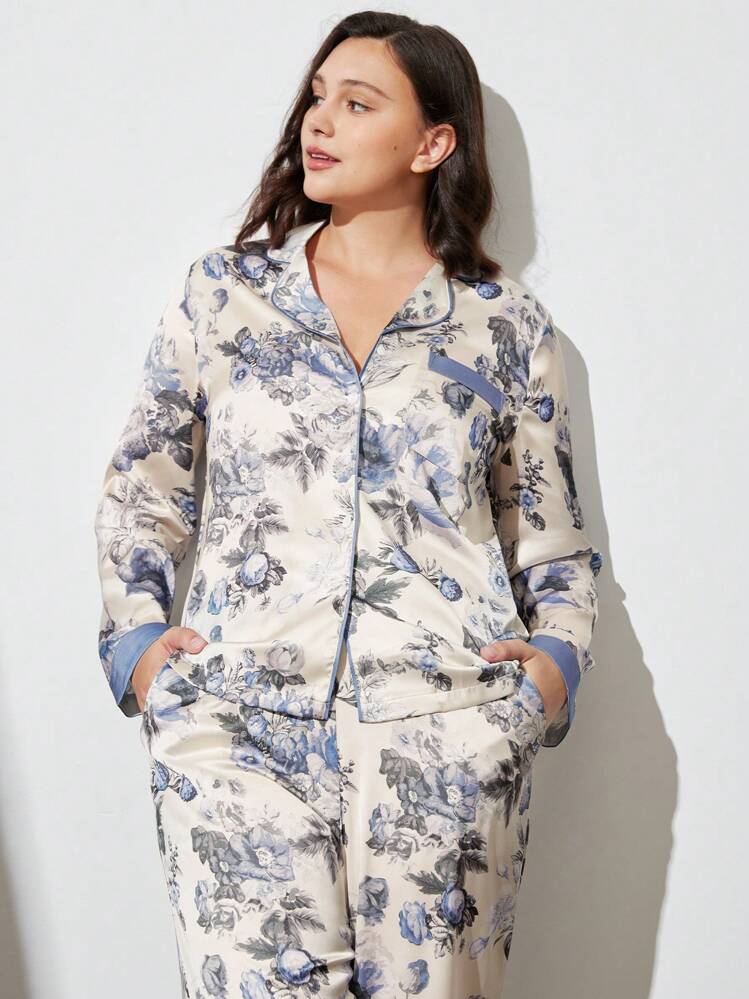 LUVLETTE Ensembles de pyjamas longs en satin à fleurs d'automne et d'hiver pour femmes, ensembles de détente, sous-vêtements, vêtements de pyjama d'automne - Bleu et Blanc - Voir 3