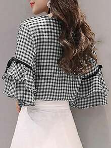 女式休闲格子印花蝴蝶结领短袖衬衫