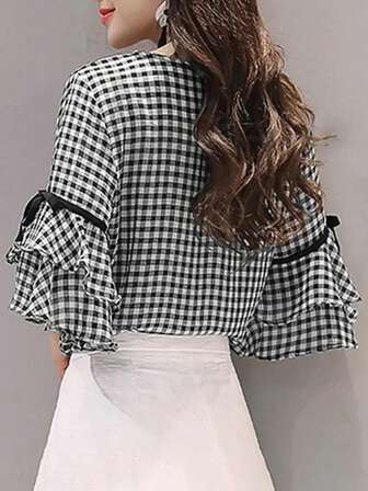 女式休闲格子印花蝴蝶结领短袖衬衫