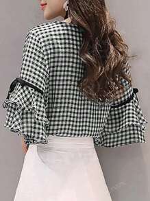 Blouse manches courtes casual femme avec imprimé à carreaux et nœud papillon au cou