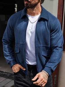 Manfinity Homme Men Flap Pocket Zip Up Jacket Without Tee - Navy Blue - View 5