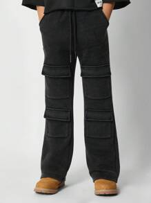 SUMWON Winter Fleece Flare Cargo Sweatpants Streetwear Wide Leg Pants With Patch Pockets Baggy Utility Outdoor Active Wear Bottoms - Black - View 1