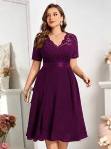 Floral Lace V-Neck Ruffle Chiffon A-Line Swing Dress, Semi-Formal Party Dress, Valentine's Day Dress, Summer Dress, Suitable For Birthday, Graduation, Back To School - Maroon - View 7