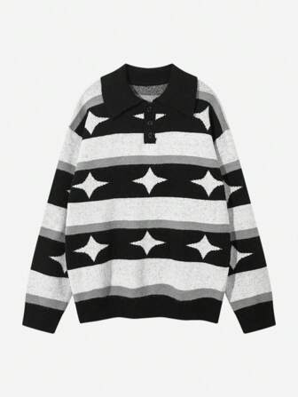 Academia Men's Collared Half Button Striped Sleeve Long Sleeve Sweater, Daily Casual, School
