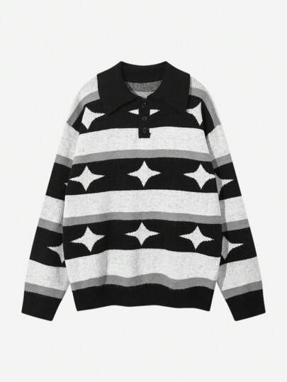 Academia Jersey de manga larga con cuello y media abotonadura, a rayas, de uso diario y casual, para la escuela, para hombre