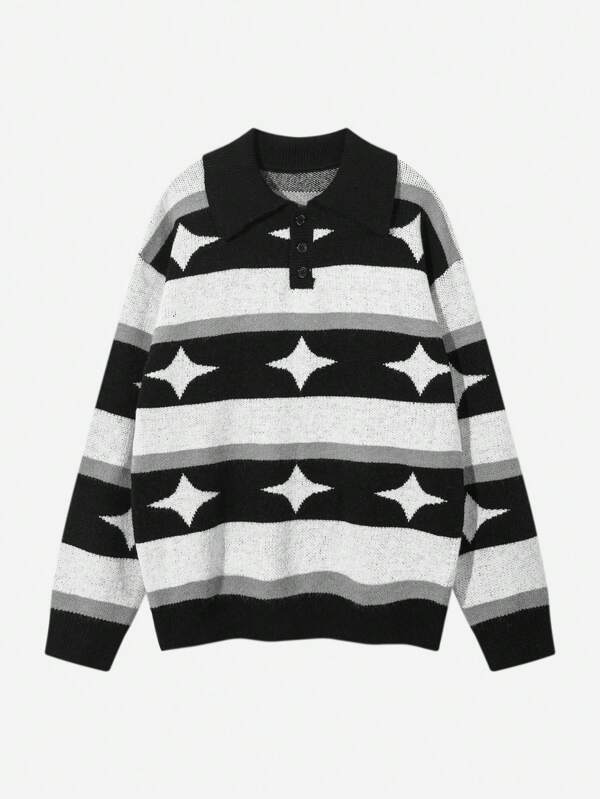 ROMWE MEN Academia 男士有领半扣条纹袖长袖毛衣，日常休闲，校园