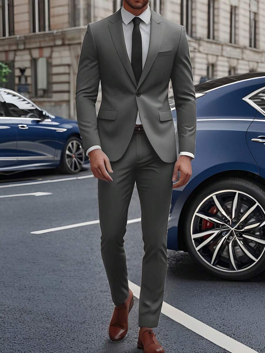 Manfinity Mode Men's Classic Collar Long Sleeve Buttoned Shirt With Mock Pockets And Dress Pants Suit