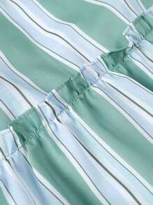 INAWLY 條紋印花系帶前綁帶和褶邊短袖上衣+短褲，夏天穿著 - 薄荷綠 - 查看 5