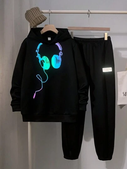 SHEIN Teens Boys Casual Loose Comfortable Colorful Graphic Print Hoodie Sweatshirt And Drawstring Pants Set