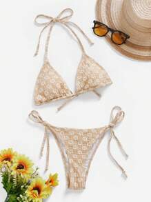 SHEIN Swim Floral Print Halter Triangle Swim Top & Tie Side Swim Bottom Bikini Set Summer Beach - Multicolor - View 1