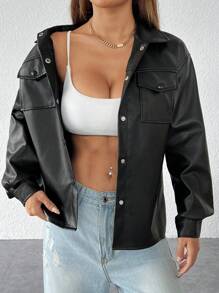 SHEIN PETITE Women's Spring Fashion Faux Leather Shacket Jacket Flap Pocket Drop Shoulder Button Down Blouses Long Sleeve Shirts In Fall/Winter - Black - View 5