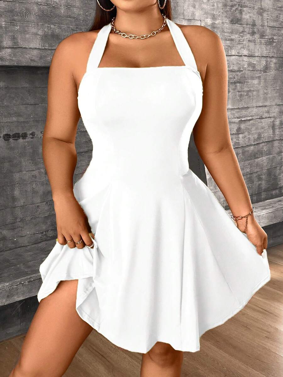 SHEIN Unity Đầm cổ yếm hở lưng có kích thước lớn - trắng - Xem 1