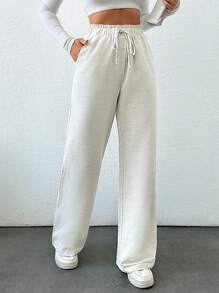 EURMUSE Paperbag Waist Drawstring Front Wide Leg Pants - Apricot - View 4