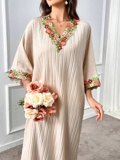 Al Najma Váy dài tay cánh dơi thêu hoa thanh lịch cho nữ, váy kaftan Ả Rập giản dị mùa hè