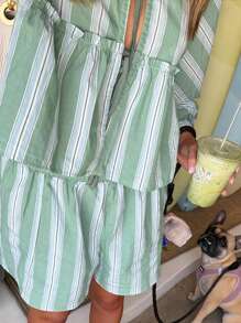 INAWLY 條紋印花系帶前綁帶和褶邊短袖上衣+短褲，夏天穿著 - 薄荷綠 - 查看 3