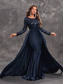 YISIKADO Women Sequin Contrast Satin Ball Gown Elegant Modest Evening Dress Long Sleeve Round Neck Maxi Dress For Wedding Guest Graduation Banquet Dinner