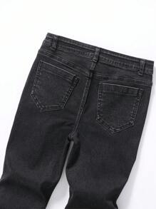 SHEIN Quần jean bó rách có thể điều chỉnh cho bé trai tuổi teen Urban Street Dark Punk Bold Gothic tương phản Death Angles thêu, món đồ thời trang đa năng phải có quanh năm - màu đen - Xem 4