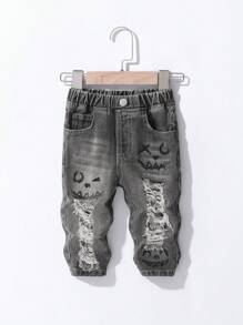 Baby Boy's Street Style Cool And Cute Smiling Printed Cut-Up Straight-Leg Jeans With Elastic Waist And Pockets, All-Season Fashion Essential