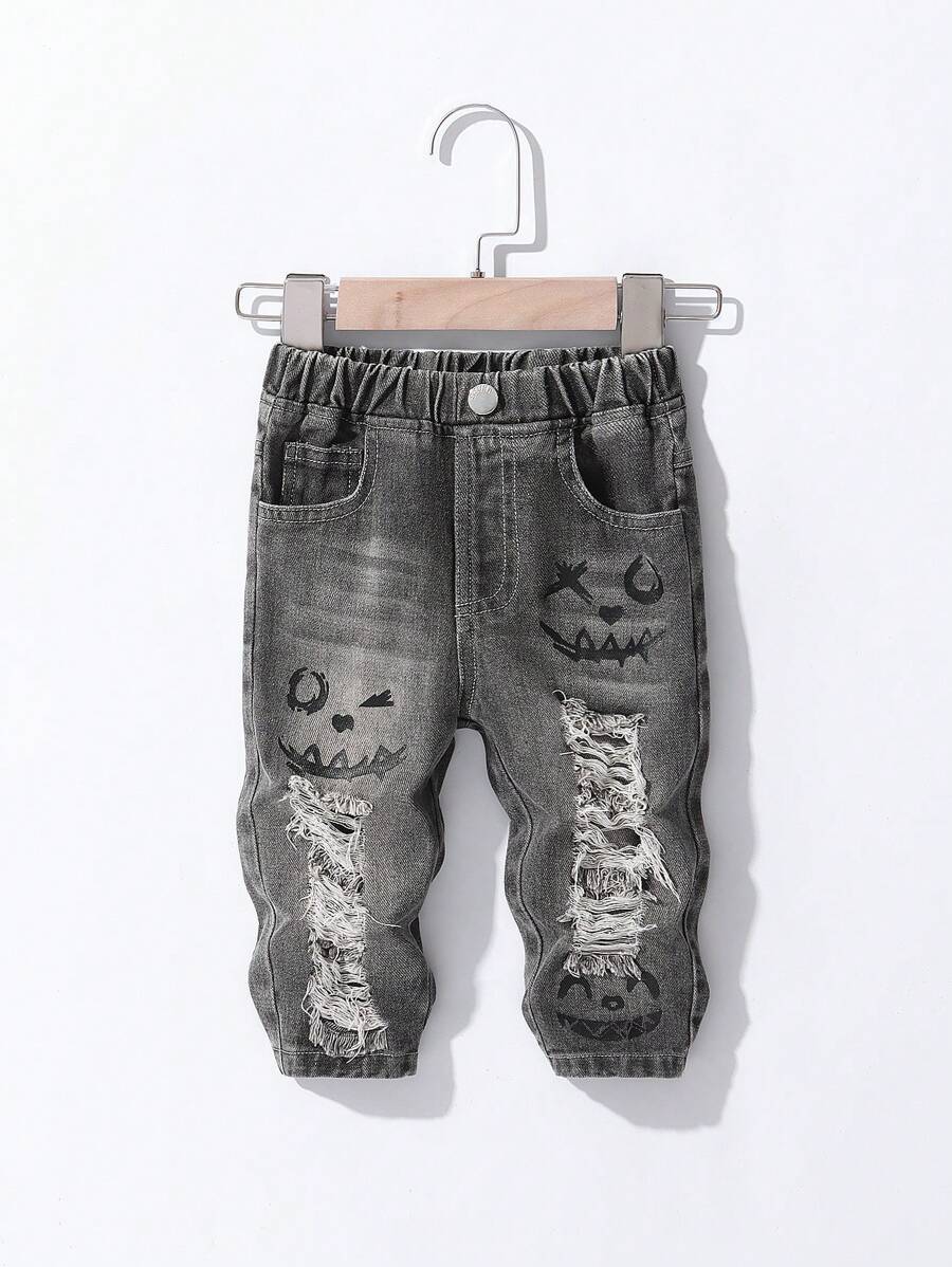 Baby Boy's Street Style Cool And Cute Smiling Printed Cut-Up Straight-Leg Jeans With Elastic Waist And Pockets, All-Season Fashion Essential