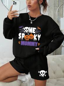 女士休閒萬聖節骷髏頭及口號印花圓領運動衫和短褲套裝