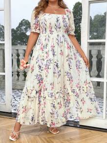 SHEIN Clasi 大码浪漫雪纺印花泡泡袖连衣裙长款女装 - 彩色 - 查看 7