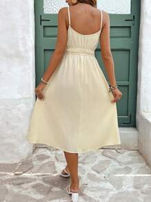 SHEIN Frenchy 女士黃色綸子肩帶日常連衣裙，黃色女裝連衣裙，檸檬黃洋裝，長款A字型領帶連衣長裙，帶襯裡白色夏季連衣裙，中長款女裝連衣裙，度假風格，奶嬤工作服裝，秋季連衣裙，四季皆宜的基礎款下擺連衣裙 - 杏色 - 查看 6