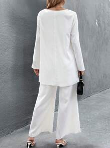 SHEIN Clasi Ladies' Plain And Simple Daily Wear Two-Piece Set With Long Sleeve Top And Pants - White - View 2