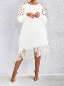 SHEIN LUNE Plus Size Elegant Round Neck Long Sleeve Dress With Hollow Shoulders, Tassel Hem And Fashionable Design Maxi Women Outfit - White - View 4