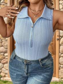 SHEIN LUNE Women's Plus Size Sleeveless Knitted Zipper Half Placket Tight Top, Summer - Blue - View 1
