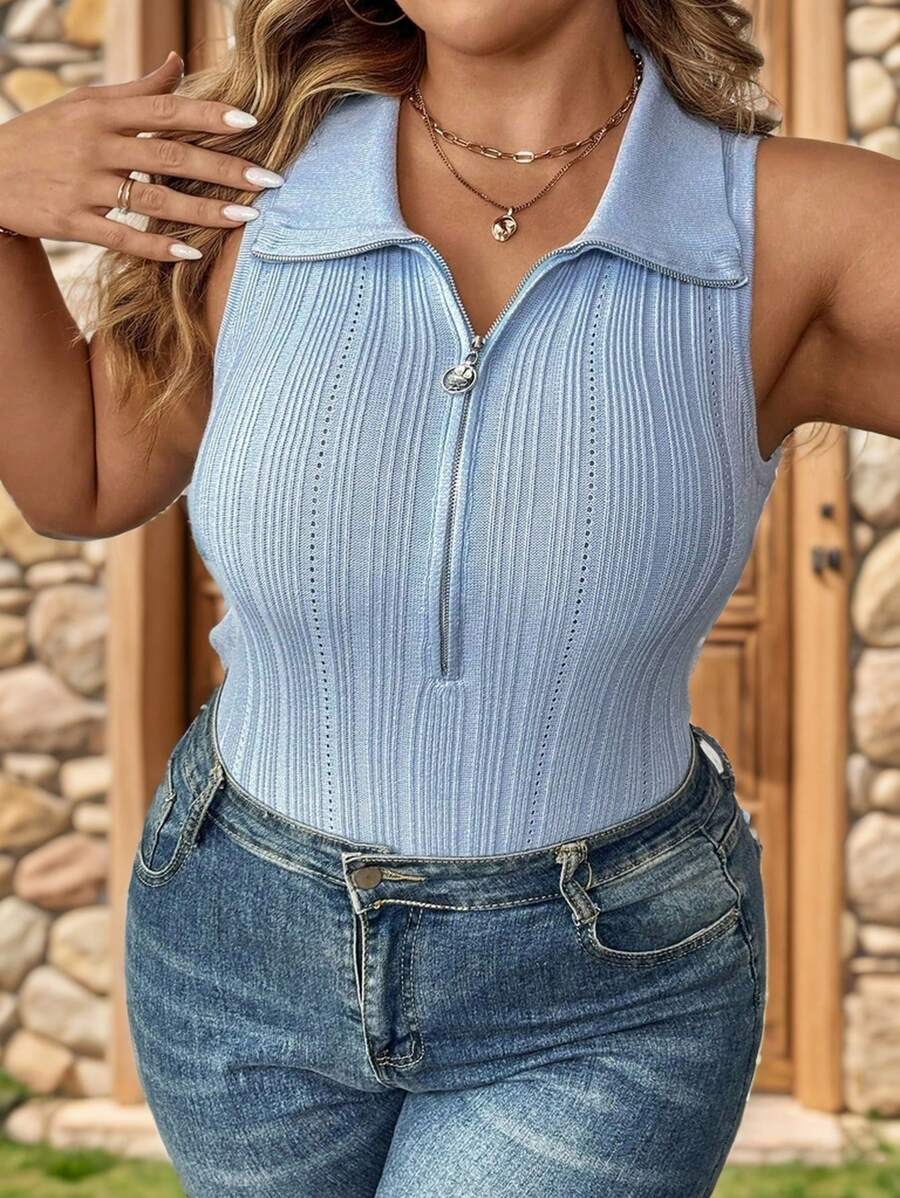 SHEIN LUNE Women's Plus Size Sleeveless Knitted Zipper Half Placket Tight Top, Summer - Blue - View 1