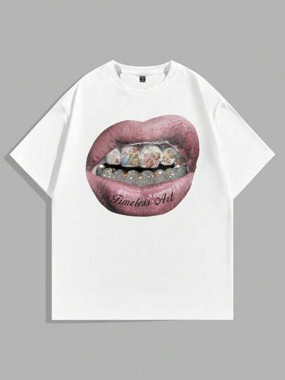 Manfinity ZONE917 Camiseta de manga corta con estampado de labios gráfico de estilo vintage, con corte holgado y de alta calle, para salir