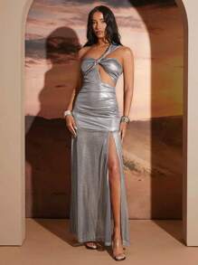 SHEIN Unity Glitter Asymmetric Cut Out Twist Neck Side Slit Dress
