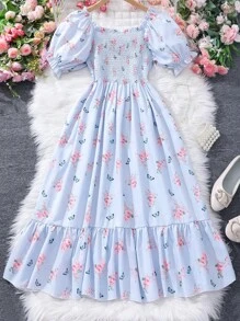 SHEIN Floral Print Short Sleeve Teenage Girls' Dress - Baby Blue - View 2