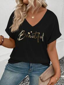 INAWLY Casual Fashionable V-Neck Letter Printed Plus Size T-Shirt Graphic Tees Women Tops - Multicolor - View 5