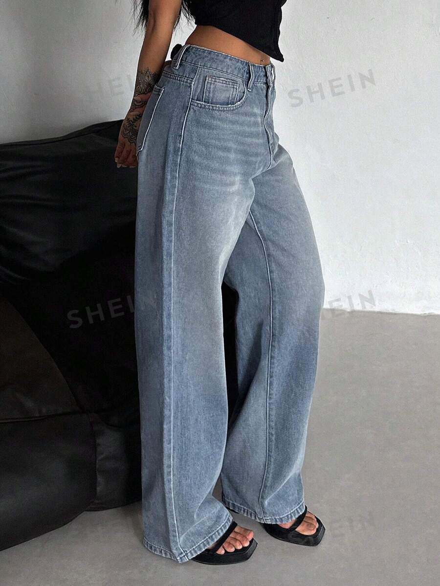 DAZY Pantalones vaqueros holgados y de pierna ancha con bolsillos para mujer, jeans holgados