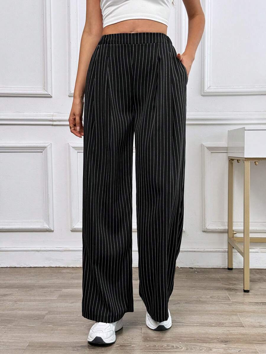 SHEIN Essnce Women Dress Pants Uniform Pants Teacher Pants Ladies' Commuting Black Striped Elastic Waist Wide Leg Trousers With Double Pockets - Black and White - View 1
