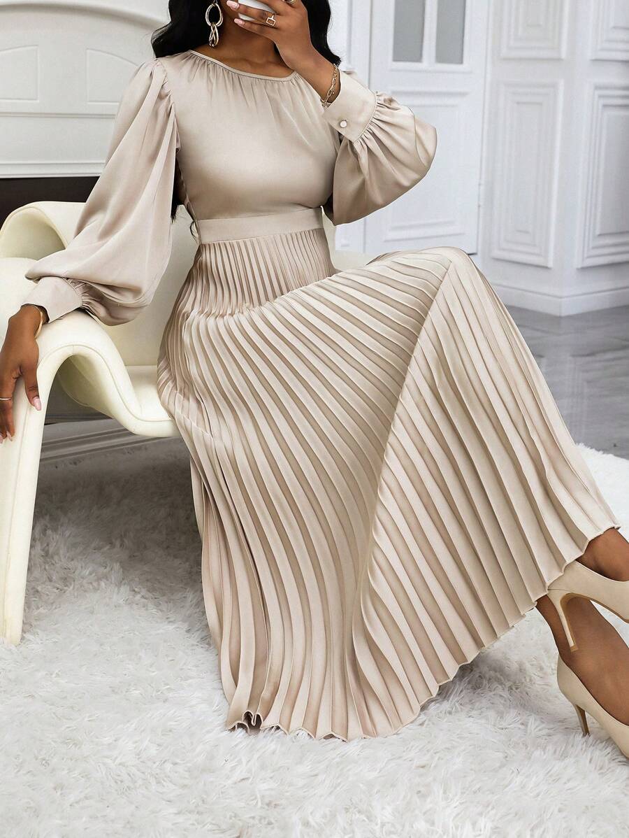 EMERY ROSE Đầm Maxi Satin Xếp Ly Tay Phồng Dáng Chữ A Ôm Eo Thu Đông Cho Nữ Trang Phục Nữ - Màu Khaki - Xem 1