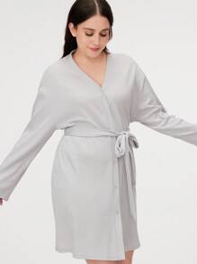 LUVLETTE 华夫格针织短款女士睡袍配领带棉质睡衣睡袍 - 淺灰色 - 查看 4