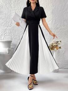 Modelyn 女士拼色包裹式腰帶百褶連衣裙