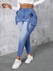 SHEIN CURVE+ Plus Size Women Elastic Waist Belt Design Blue Denim Skinny Pants - Blue - View 3
