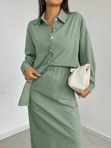 Mulvari Drop Shoulder Long Sleeve Shirt & Skirt 2 Pieces Set