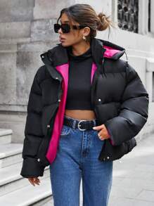 EURMUSE Coat With Zipper, Hood, Puffer Thick, Double Faced - Black - View 3