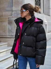 EURMUSE Coat With Zipper, Hood, Puffer Thick, Double Faced - Black - View 4