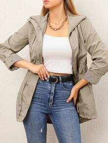 RueChic Zip Up Drawstring Waist Hooded Coat - Beige - View 4